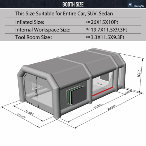 dimensions of 26x15x10ft inflatable paint booth